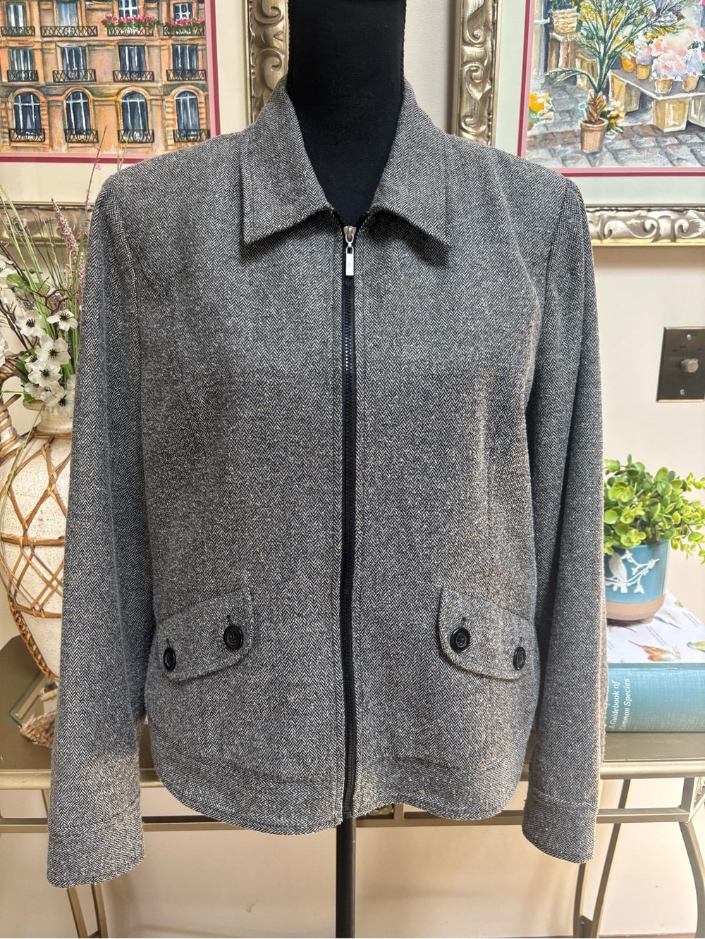 Susan Bristol Vintage Grey Tweed Zip-Front Wool Blend Women's Blazer Jacket SZ L